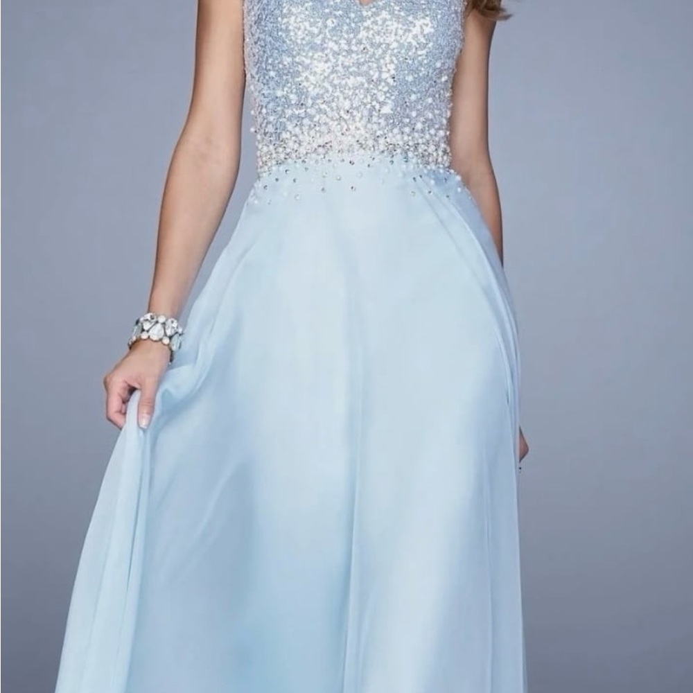 La Femme Blue Sequin Embellished Prom Gown